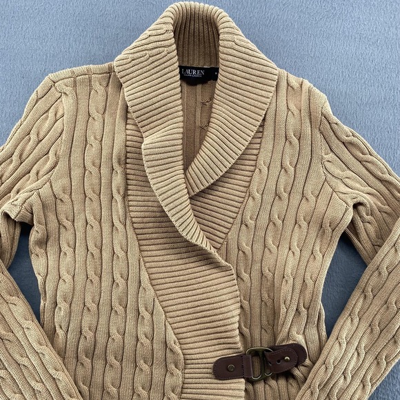 Lauren Ralph Lauren Sweater Womens Medium Beige Cable Knit Wrap Belted Cotton - Picture 2 of 9